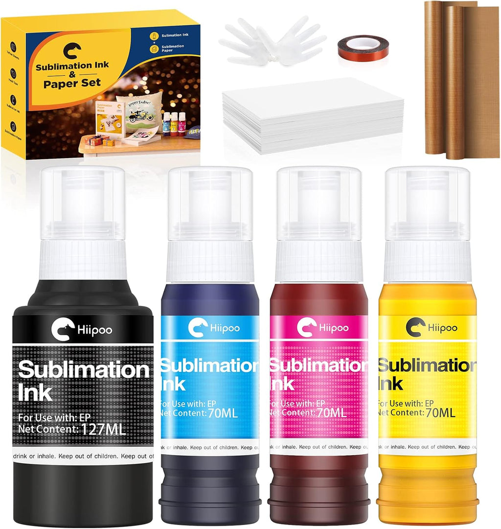 Sublimation Ink Set with 110 Sheet Sublimation Paper 8.5x11” 120G, 2 Pack Teflon Sheet, Heat Tape Compatible for