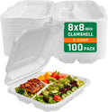 100 Pack 8 x 8 Inch 3 Compartment To Go Food Containers, Waterproof Leak-Resistant Clamshell Takeout Containers