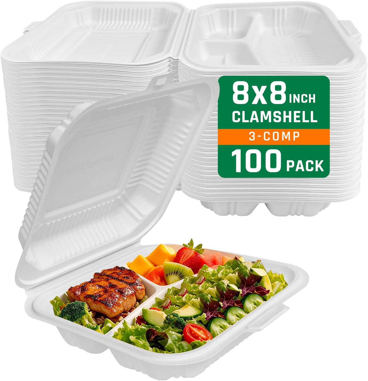 100 Pack 8 x 8 Inch 3 Compartment To Go Food Containers, Waterproof Leak-Resistant Clamshell Takeout Containers