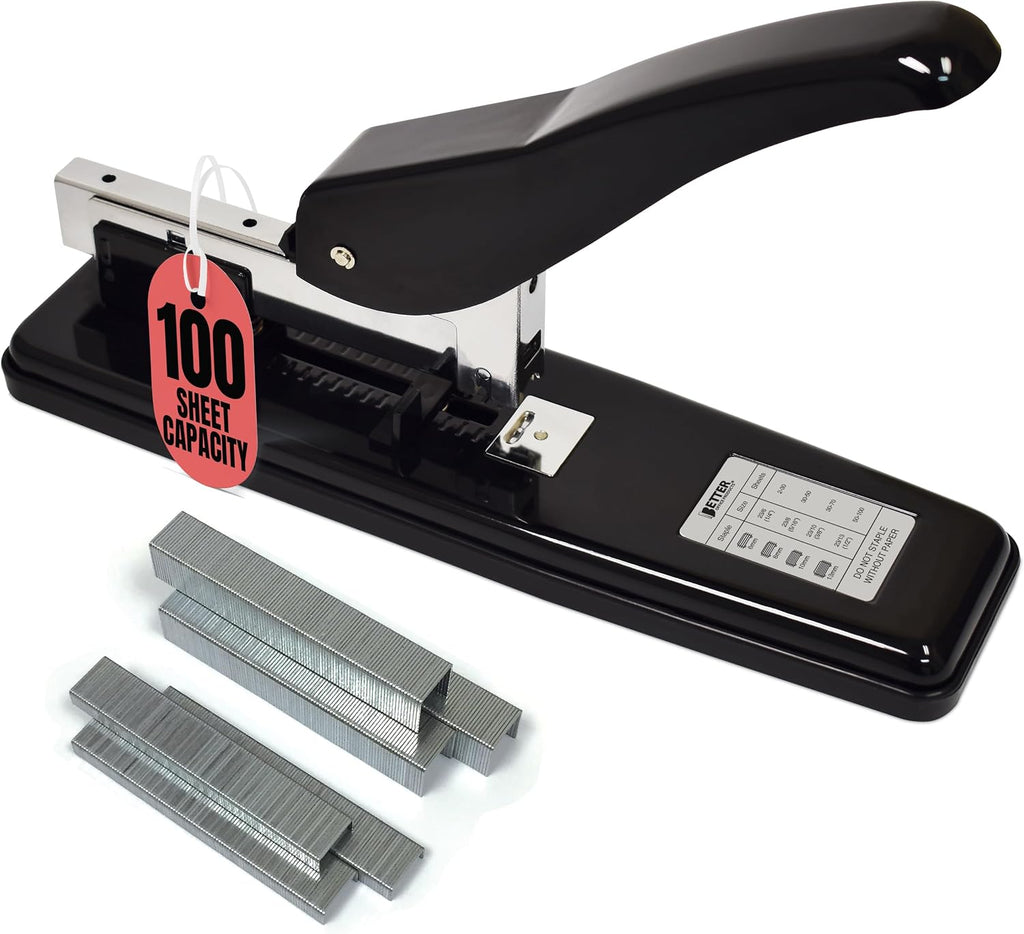 Heavy Duty Commercial Stapler with 2,000 Staples, Black Polished Steel, 100 Sheet High Capacity, Rounded Ergonomic