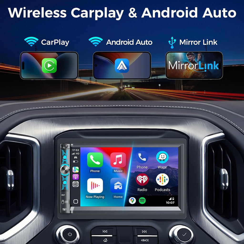 7" Double Din Car Stereo with Wireless Apple Carplay & Android Auto, Bluetooth, 240W, SWC, Subwoofer Out, Mirror