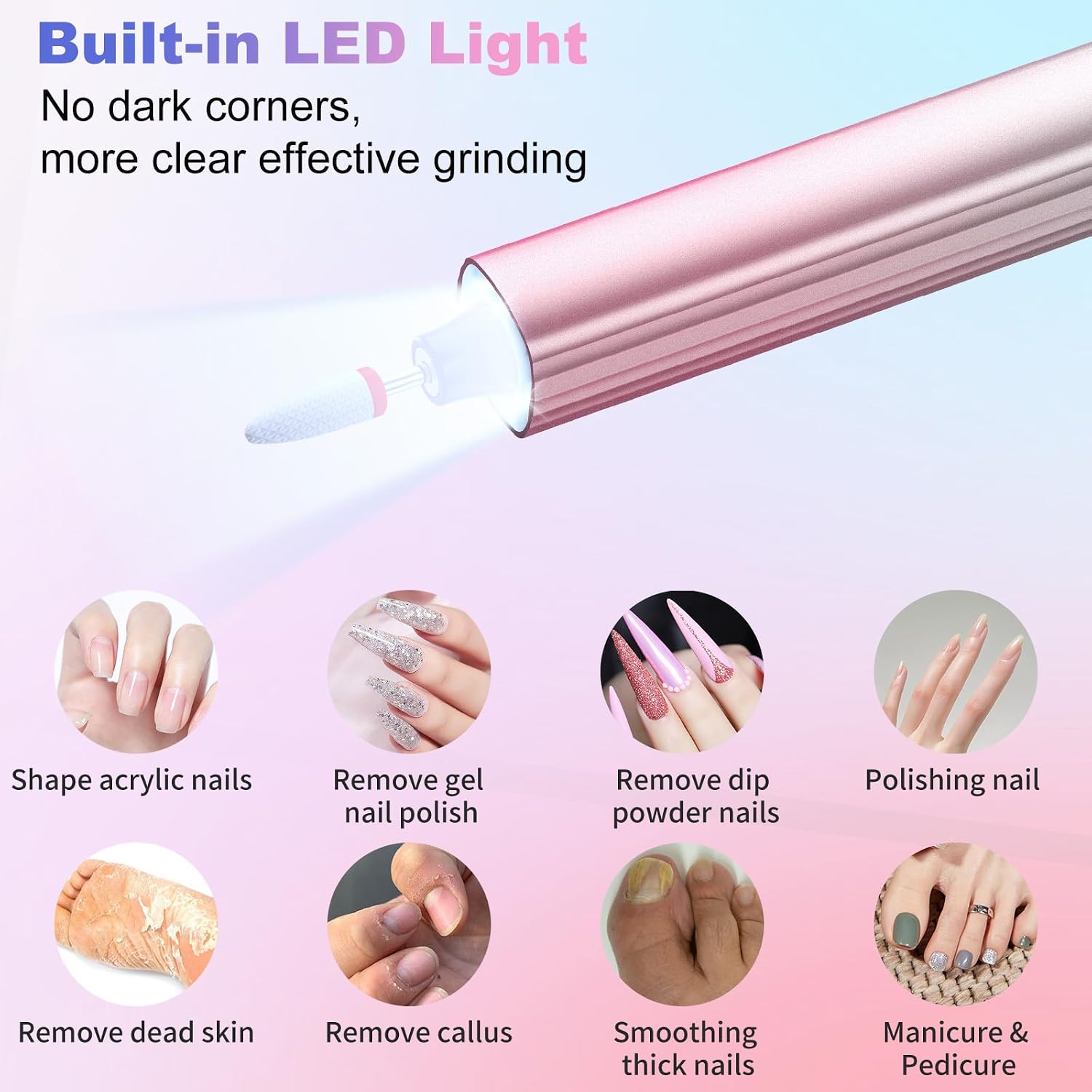 Cordless Electric Nail Drill with UV Light Lamp, 5 Speed, LCD Display | 14 in 1 Electric Nail File Drill