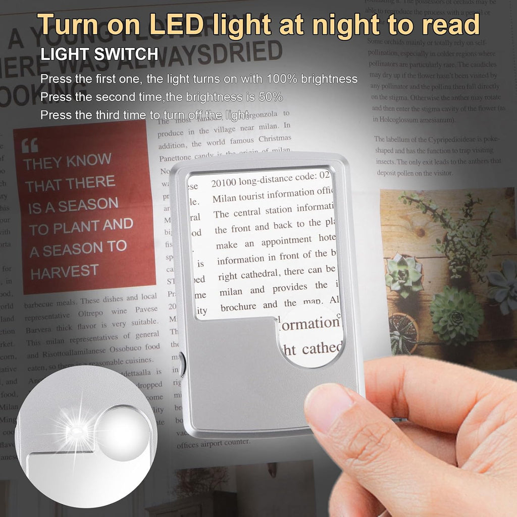 3X & 6X Pocket Magnifying Glass with Light, Card Sized Magnifier (1PCS) | Plastic, double lens card shape small
