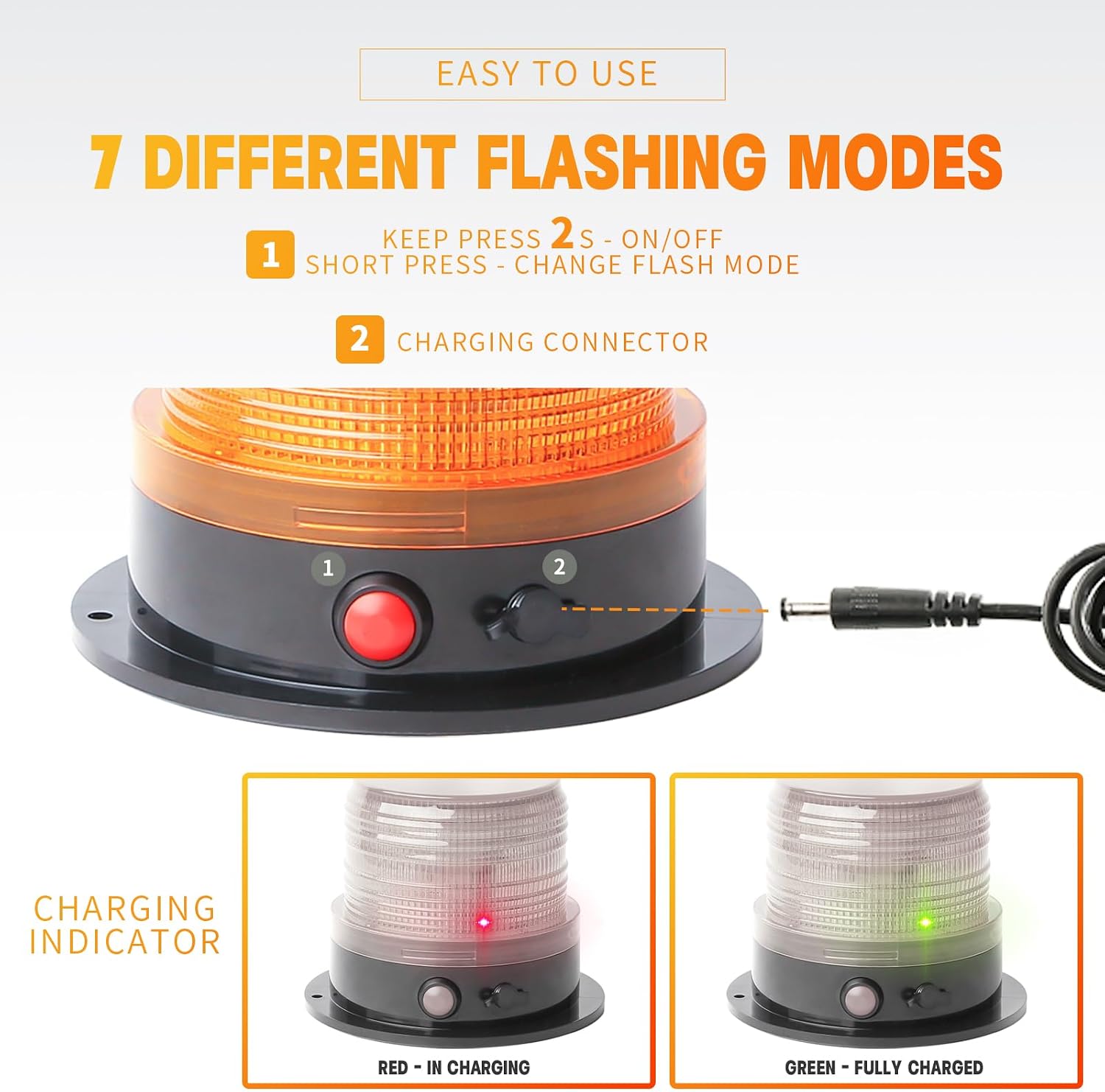 Battery Operated Amber Warning Beacon Light w/Magnetic Base, Portable Rechargeable Mini Roadside Roof Top Plow LED