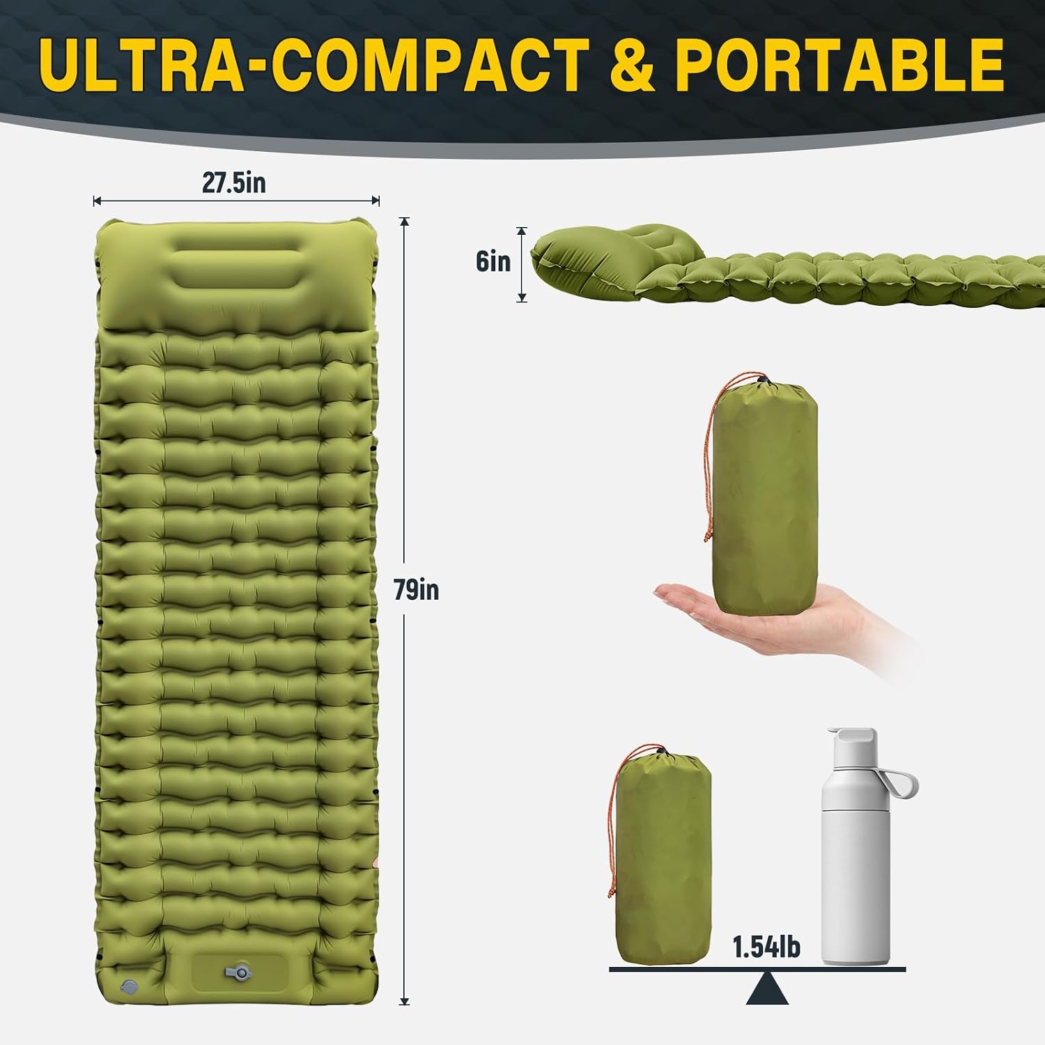 Sleeping Pad for Camping, Built-in Pump with Pillow | Waterproof, Air Mattress for Backpacking, Hiking, Tent