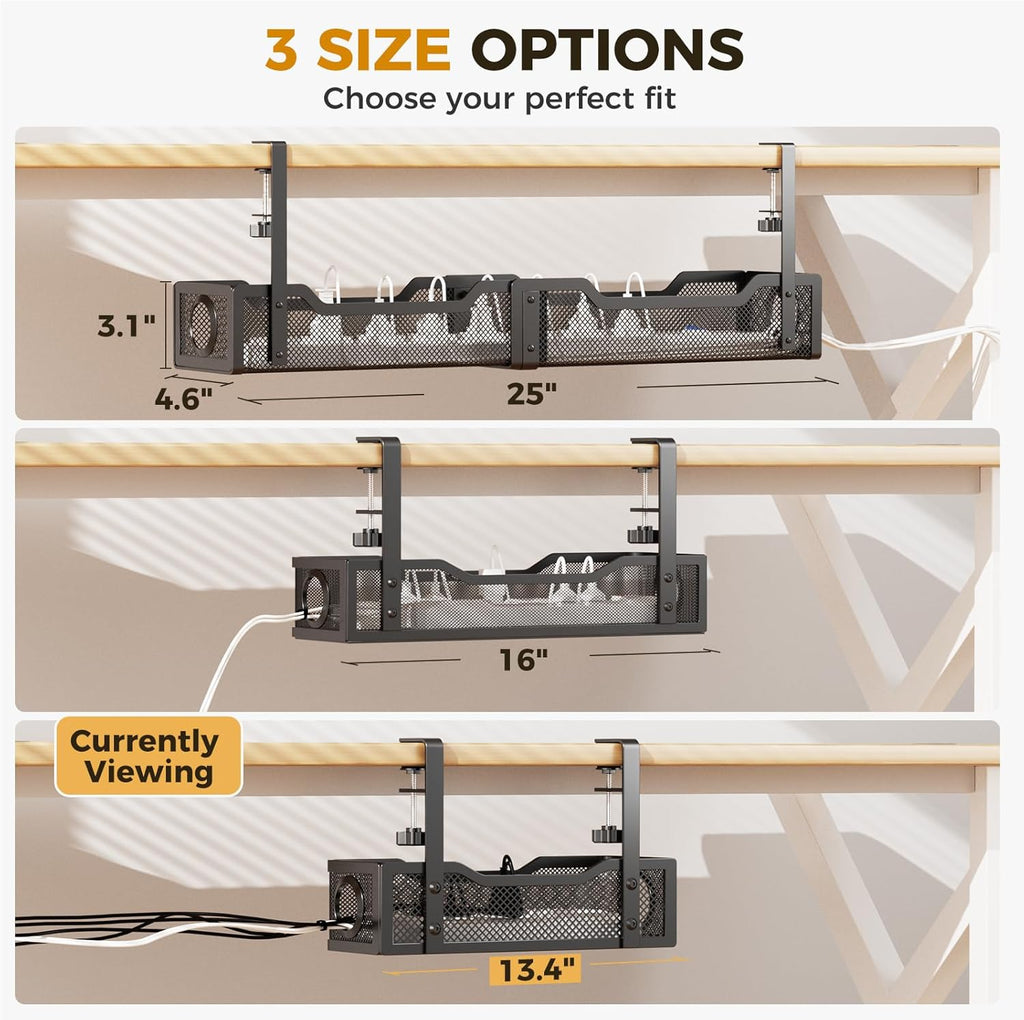 Under Desk Cable Management Tray Black, Cinati Wire Organizers No Drill, Cable Tray with Clamp for Wire Management