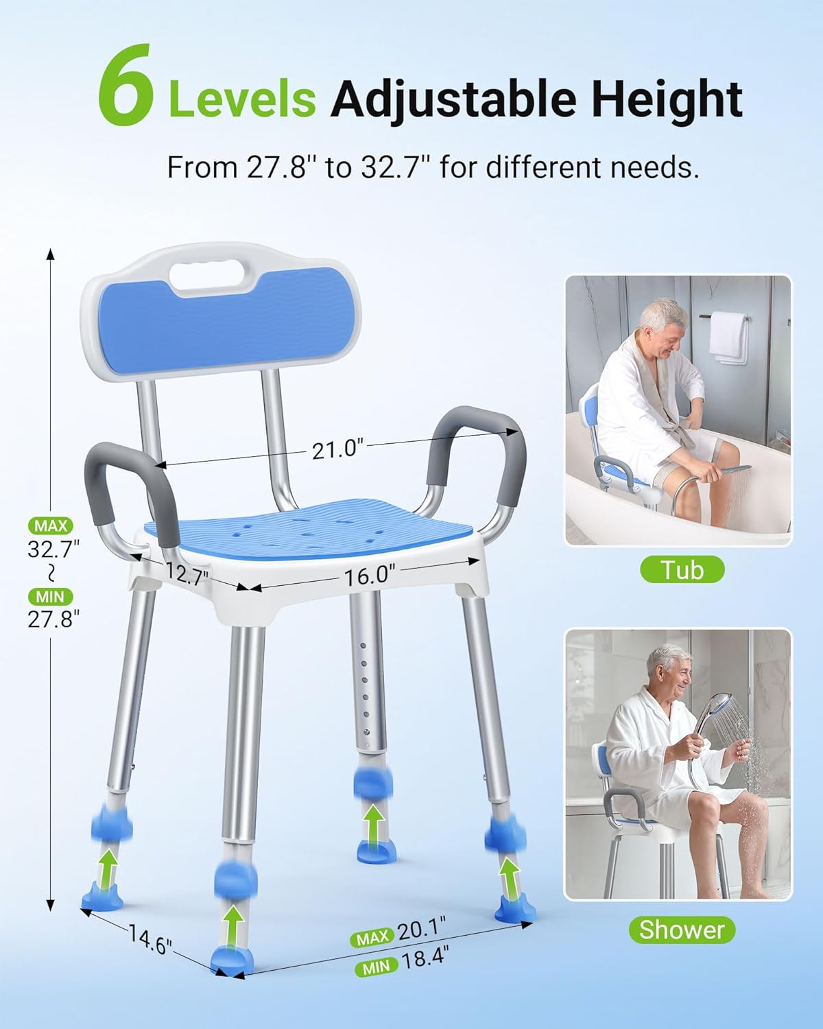 Widened Shower Chair for Inside Shower with Padded Back & Arms,400 lbs Heavy Duty & Adjustable Shower Chair for