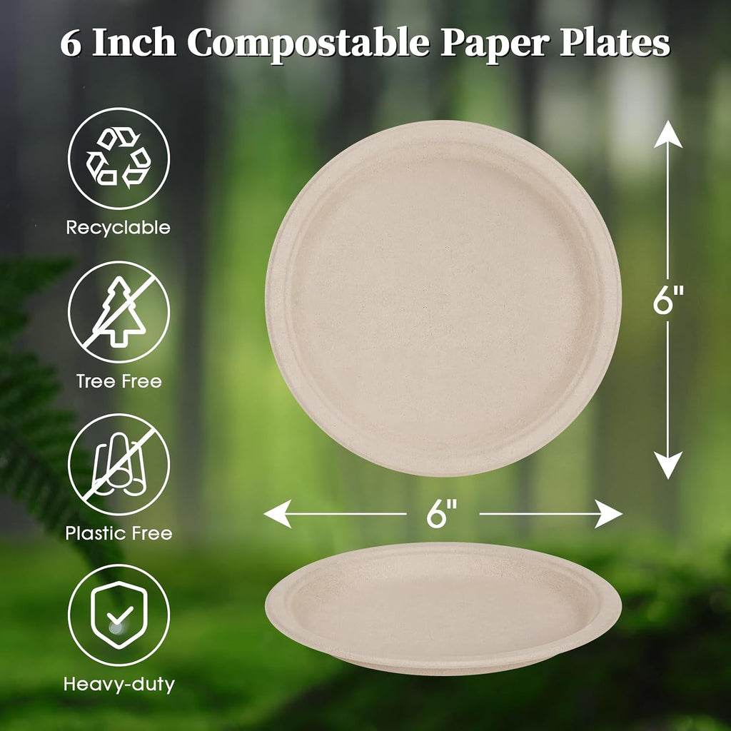 6 in 200 Pack Natural Disposable Compostable Dessert Paper Plates