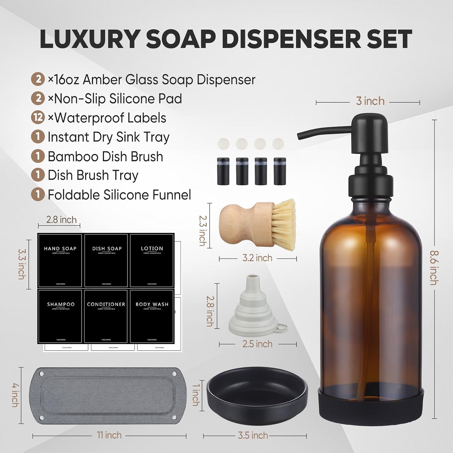 Kitchen Soap Dispenser Set with Instant Dry Tray,16 Oz Hand and Dish Soap Amber Glass Dispenser Set,Stainless Steel