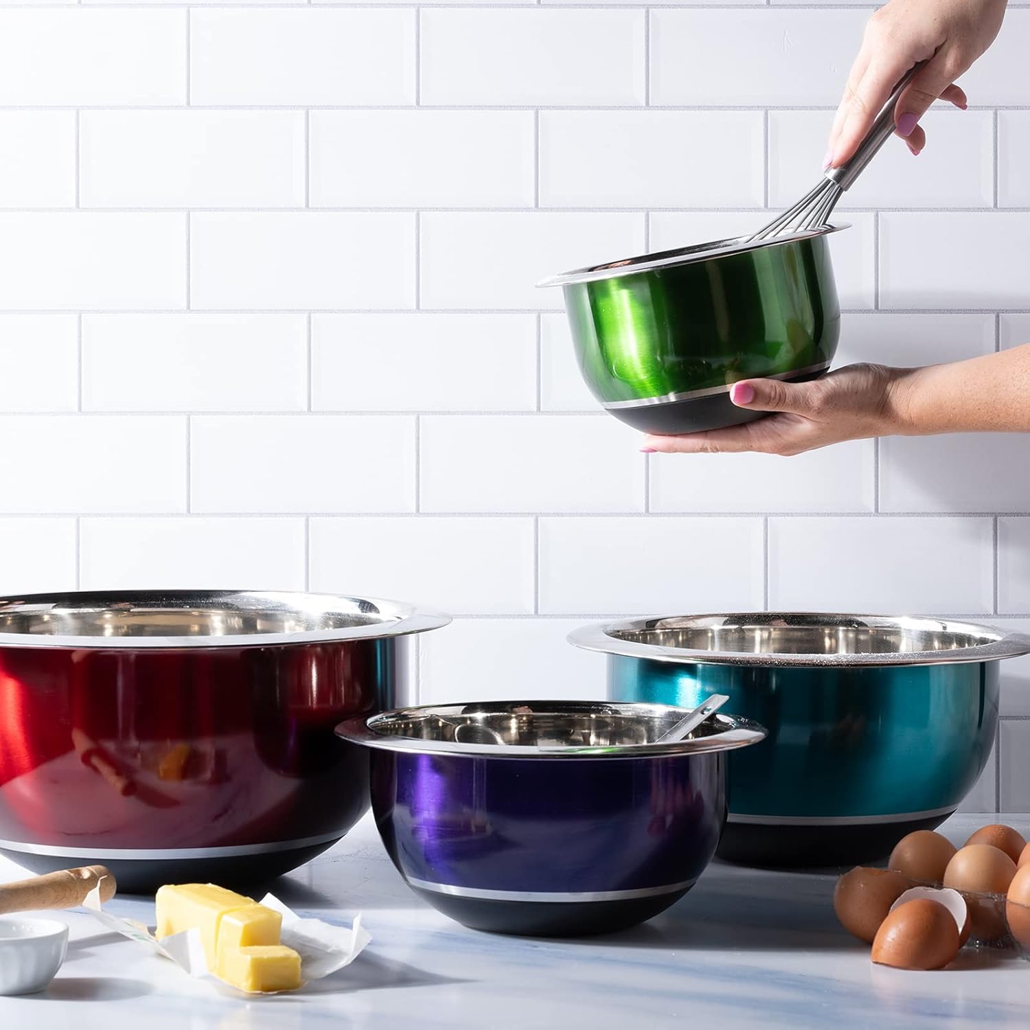 Colorful Mixing Bowl- 4 Pc Set- Stackable Nesting Bowls- Stainless Steel Mixing Bowls Non Slip Silicone Bottom