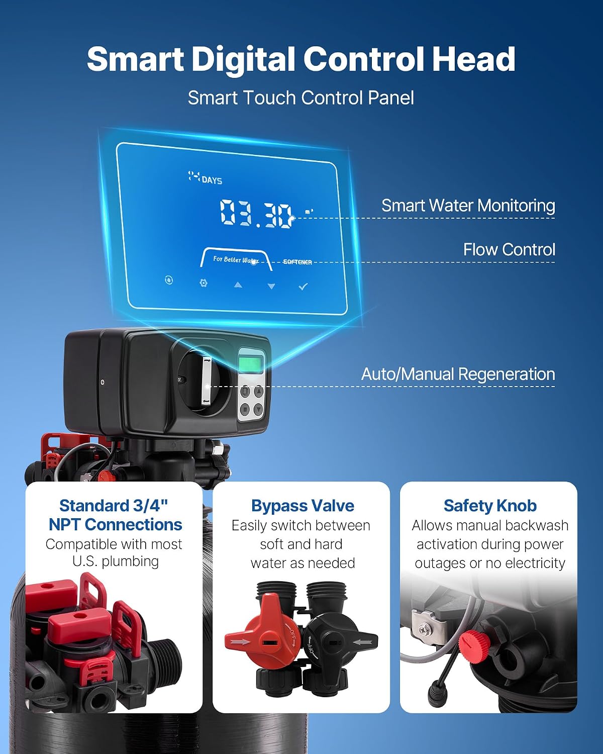 Water Softener, 48,000 Grains Whole House Water Softener System, with Automatic Digital Control Head, Bypass Valve