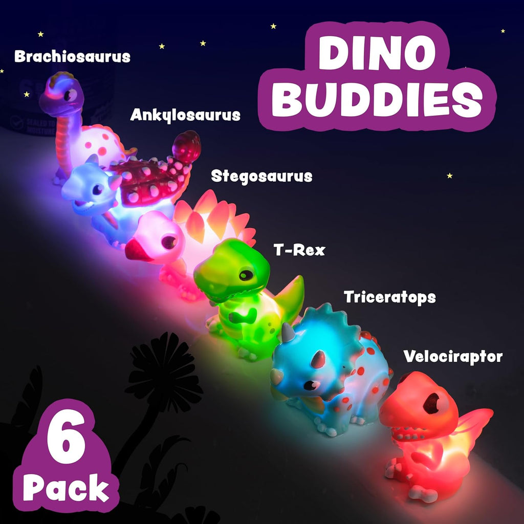 Dinos Dinosaur Light Up Bath Toys, 6 Pack | Water-Activated Light Up Toys Flash & Change Color | Easy-Grip Baby &
