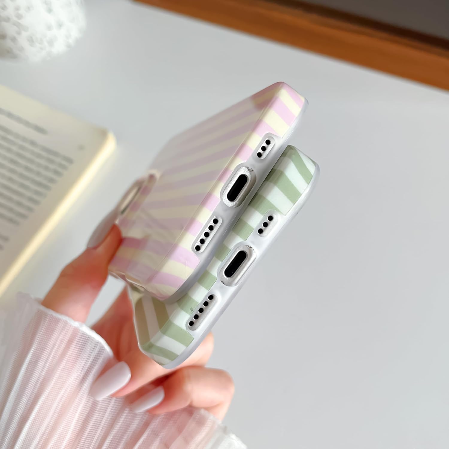 for iPhone 16 Pro Case Cute Striped Phone Case Soft TPU Slim Shockproof Phone Cover for Women Girls, Pink and Yellow