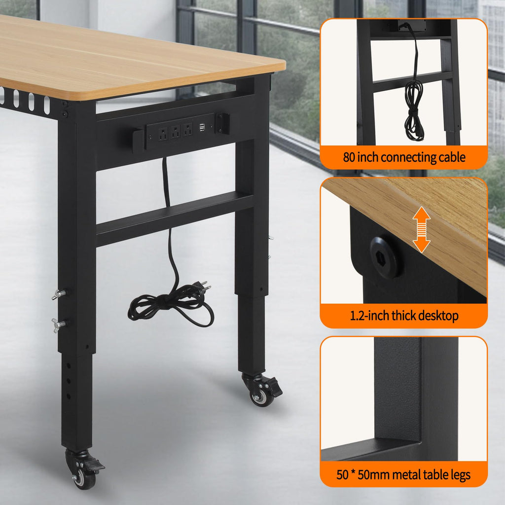 Adjustable Workbench w/Power Strip & Wheels, 48" 2000LBS, Rubber Wood Top