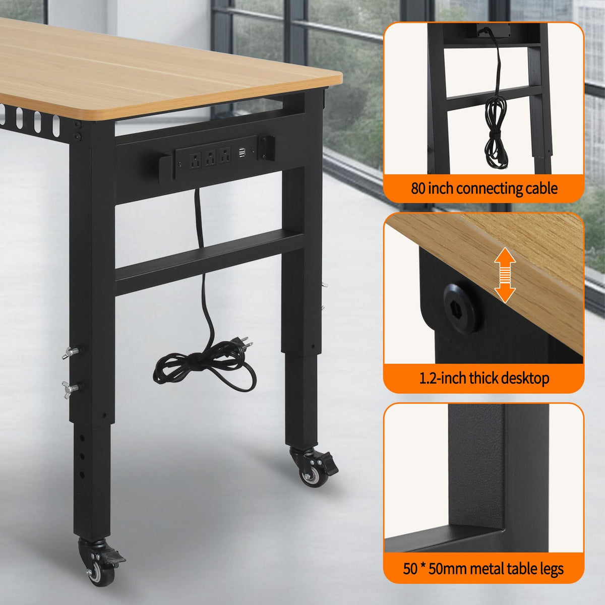 Adjustable Workbench w/Power Strip & Wheels, 48" 2000LBS, Rubber Wood Top