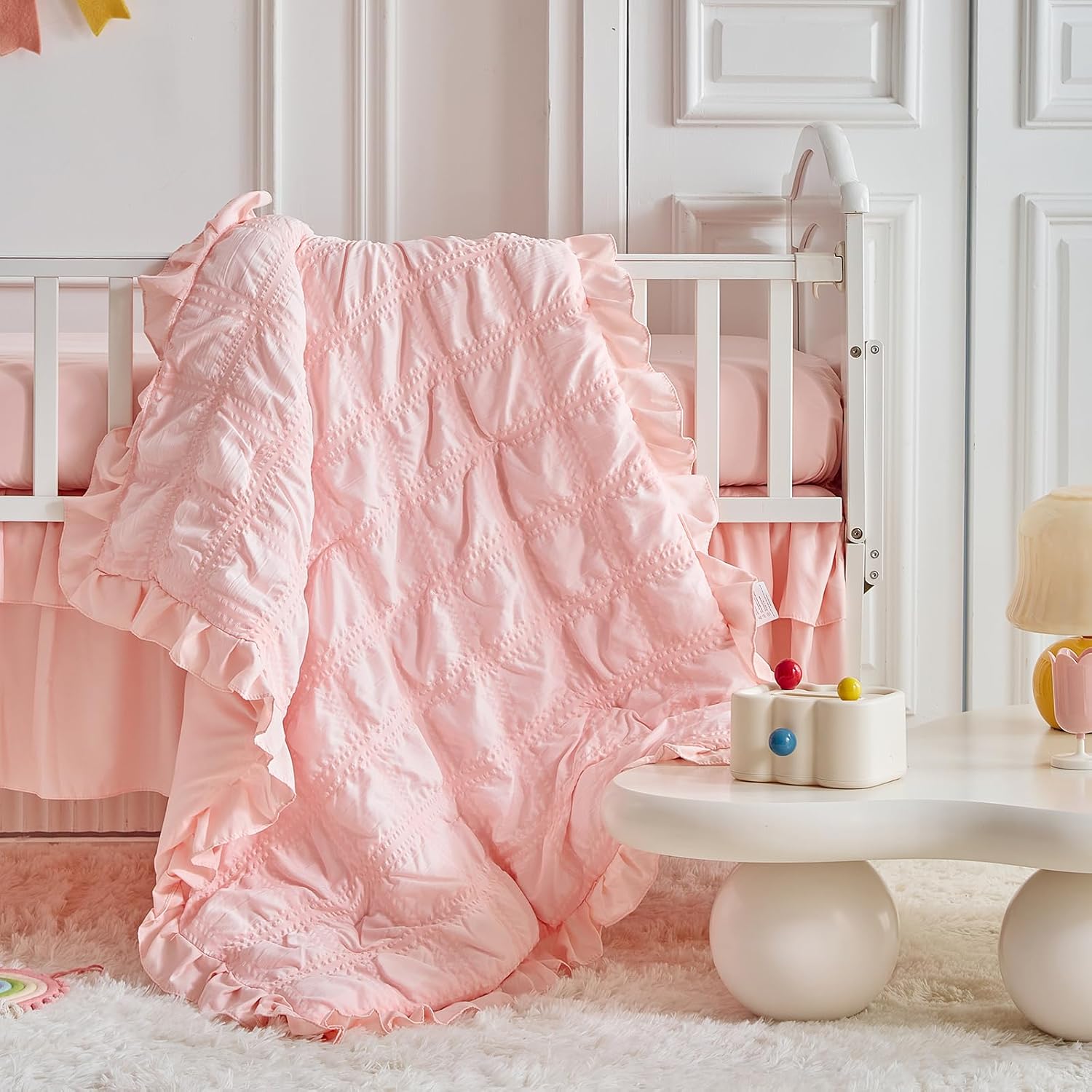 Ruffled Crib Bedding Set Baby Boho Quilted Comforter with Fitted Sheet and Bed Skirt - Cute Soft Breathable