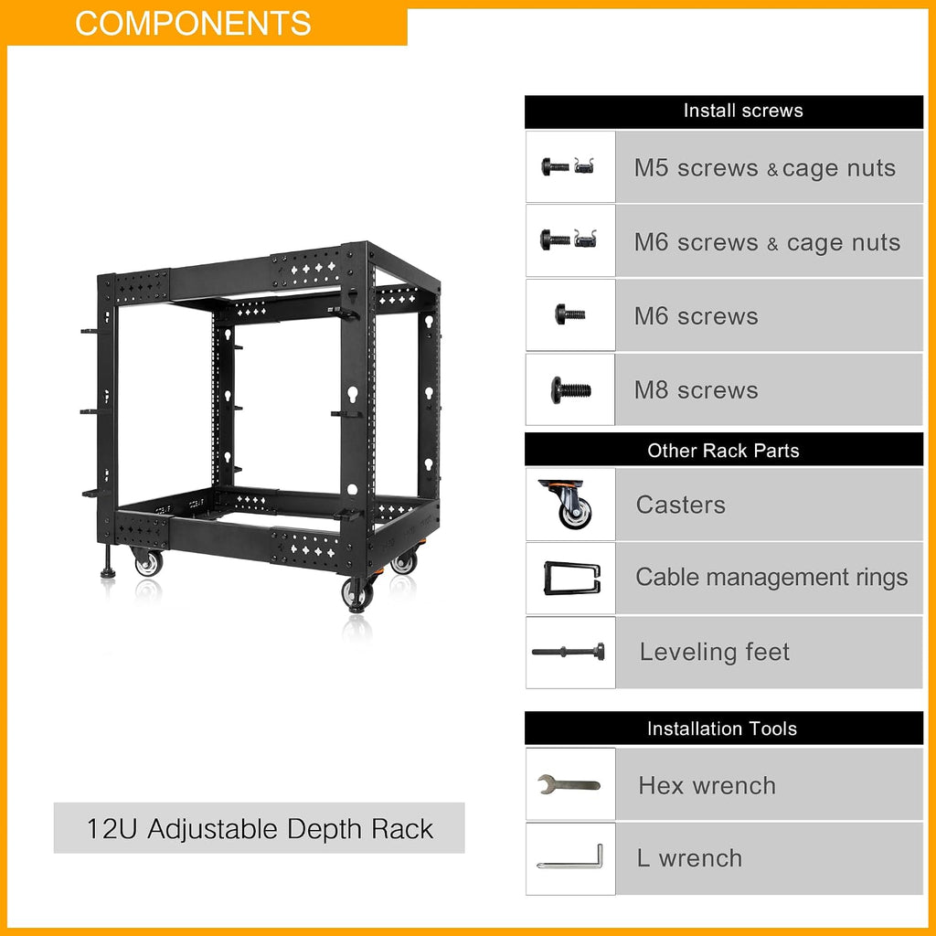 RIVECO 12U Server Rack Adjustable Depth Network 4 Post Cabinet Open Frame with Leveling Feet & Wheels Fully Rivets 1400 LBS