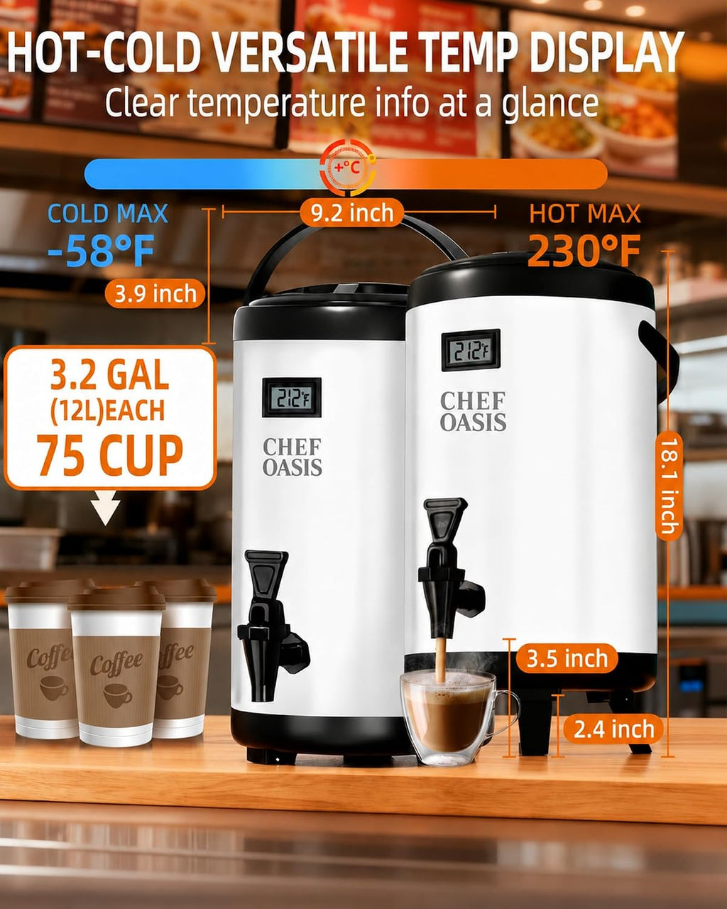Insulated Beverage Dispenser 3 Gallon,Hot&Cold Drink Dispenser with Spigot,LCD Thermometer,Stainless Steel