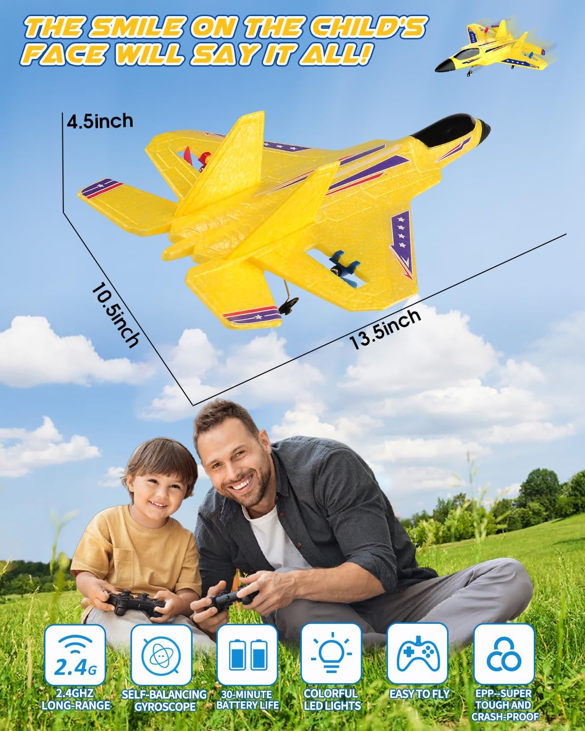 F22 RC Plane Easy to Fly Foam Jet Toy Gift for Kids Beginner, Yellow | 2.4GHz, 2CH, Gyro Stabilizer, LED Light, 2