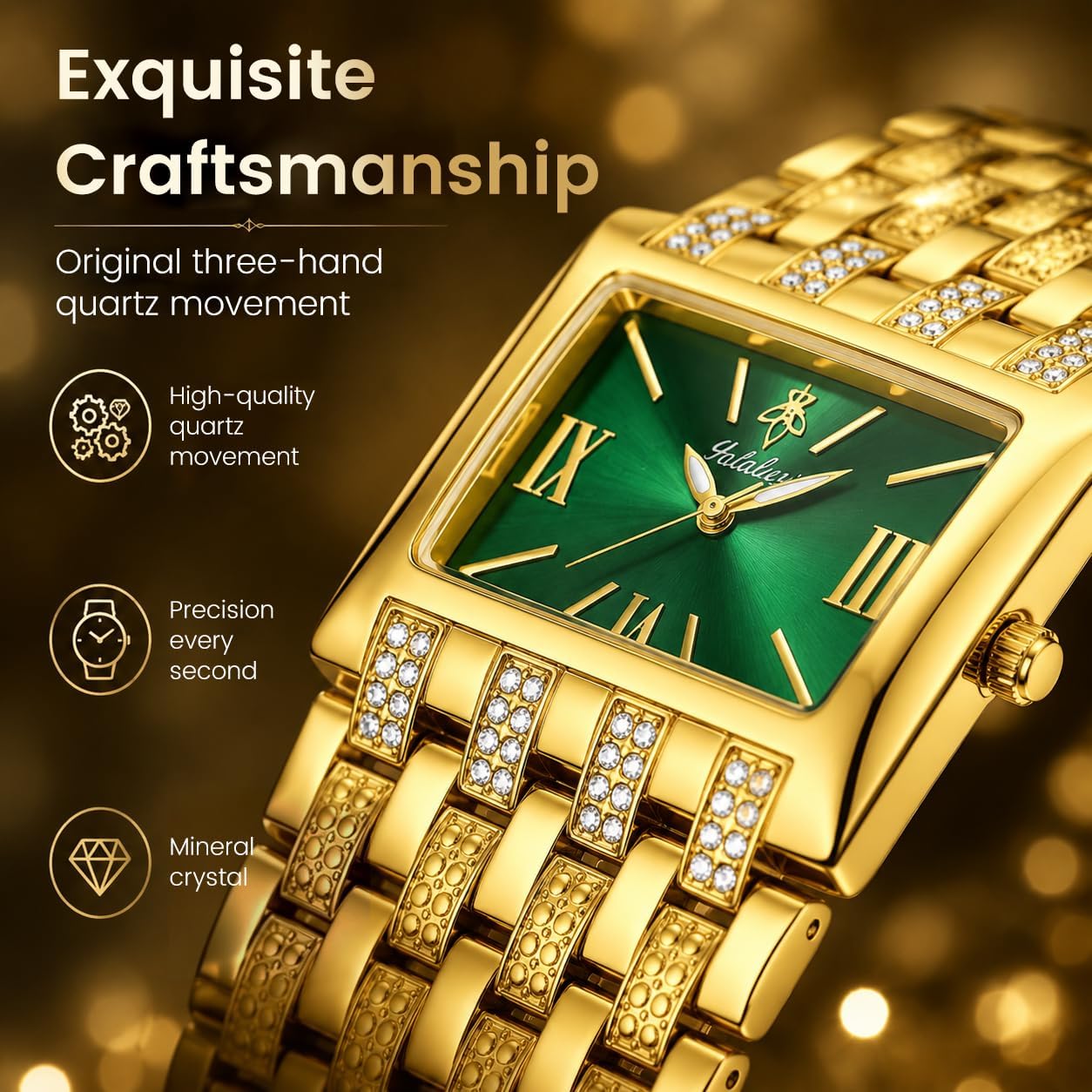 Women's Luxury Gold Watches with Green Dial, Stylish Ladies Bracelet Watch | Rectangular Dial, Crystal Wide Band