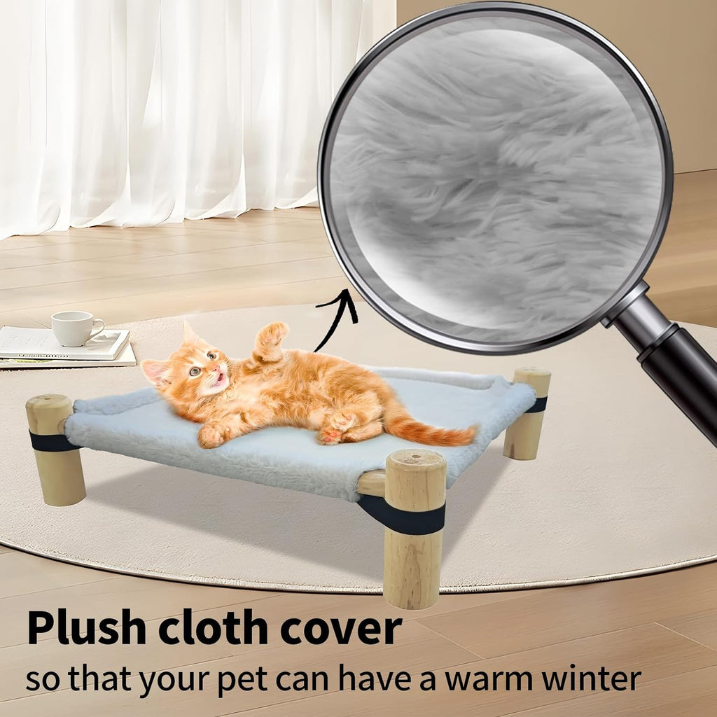 Cat Hammock Bed – Wooden Elevated Cat/Dog Bed with Plush Winter Fabric – Raised Pet Cot Furniture for Small Dogs