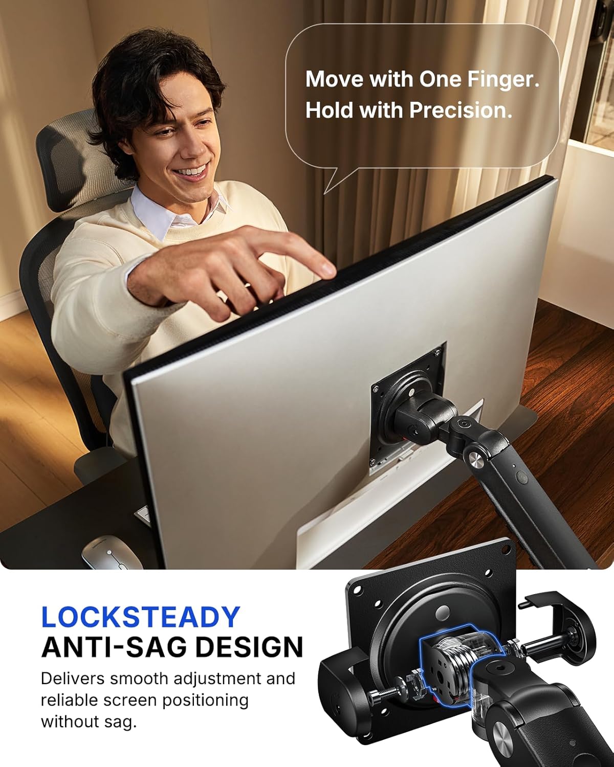 FlowLift Pro Monitor Arm for 13–32" Screens, MechaSpring Monitor Mount, Fully-Adjustable Monitor Stand with