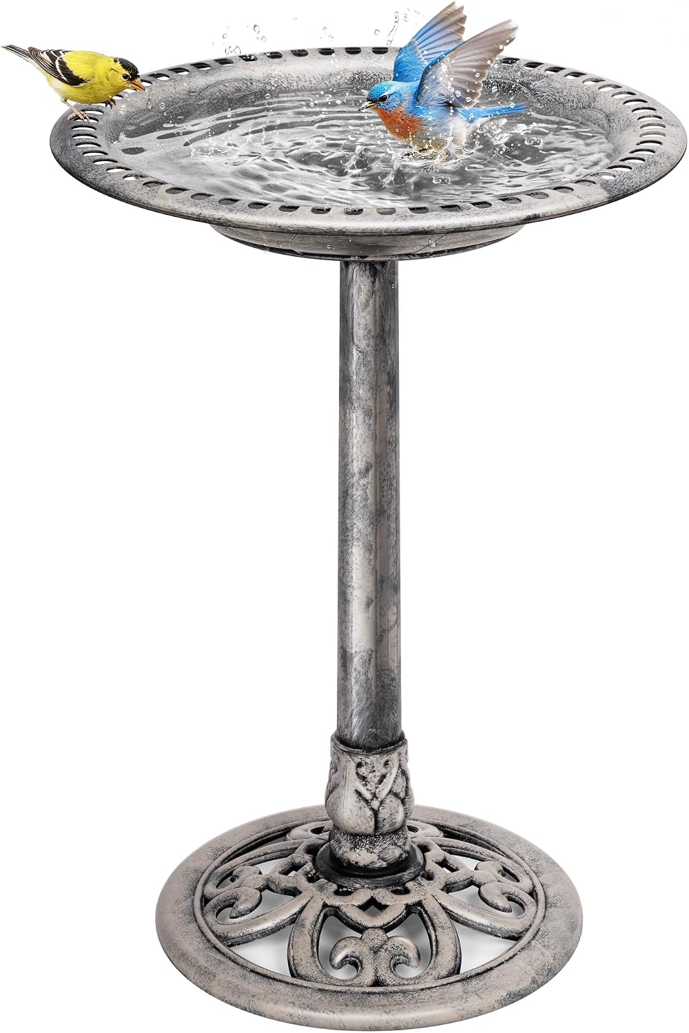 Bird Bath for Outside, Polyresin Pedestal Birdbath, Gray