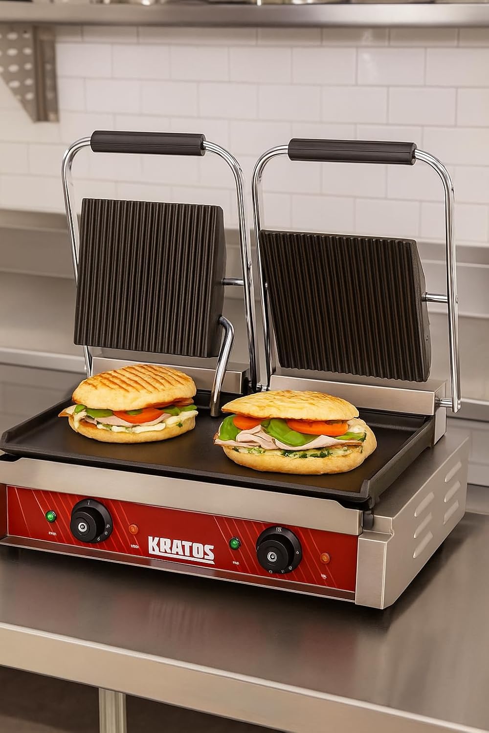 Commercial Panini Sandwich Grill Grooved Top w/Smooth Bottom Plate