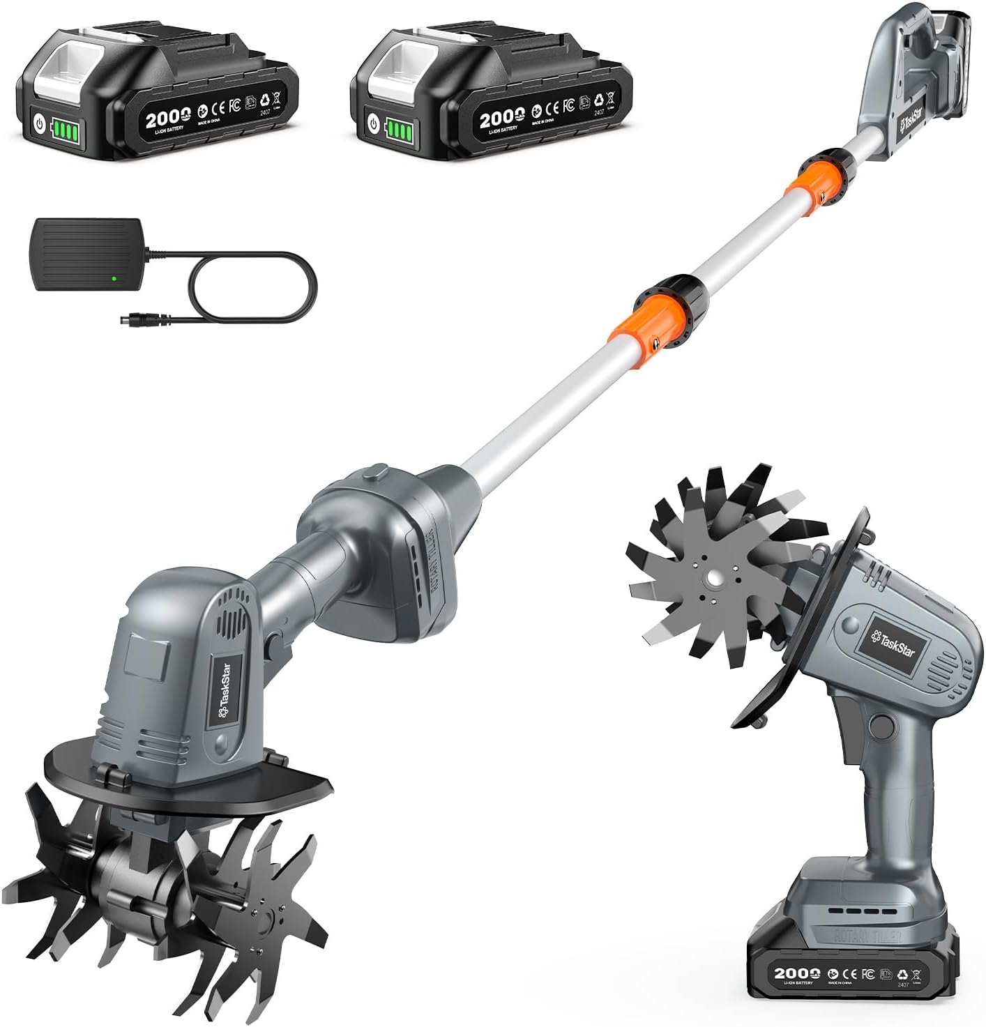 2-in-1 Cordless Tiller Cultivator, 20V Electric Rototiller with Detachable Extension Pole, 2×2.0Ah Battery