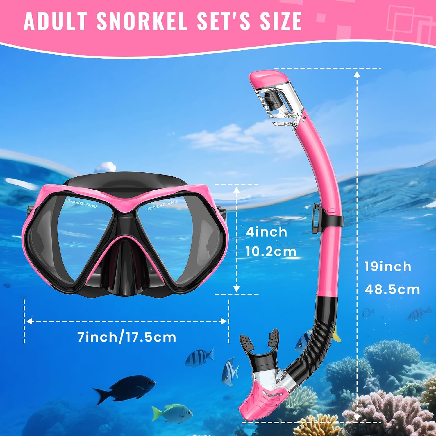 Snorkeling Gear for Adults, Snorkel Set Scuba Diving mask Dry-Top, Adult Swimming Goggles w/Nose Cover, HD Tempered