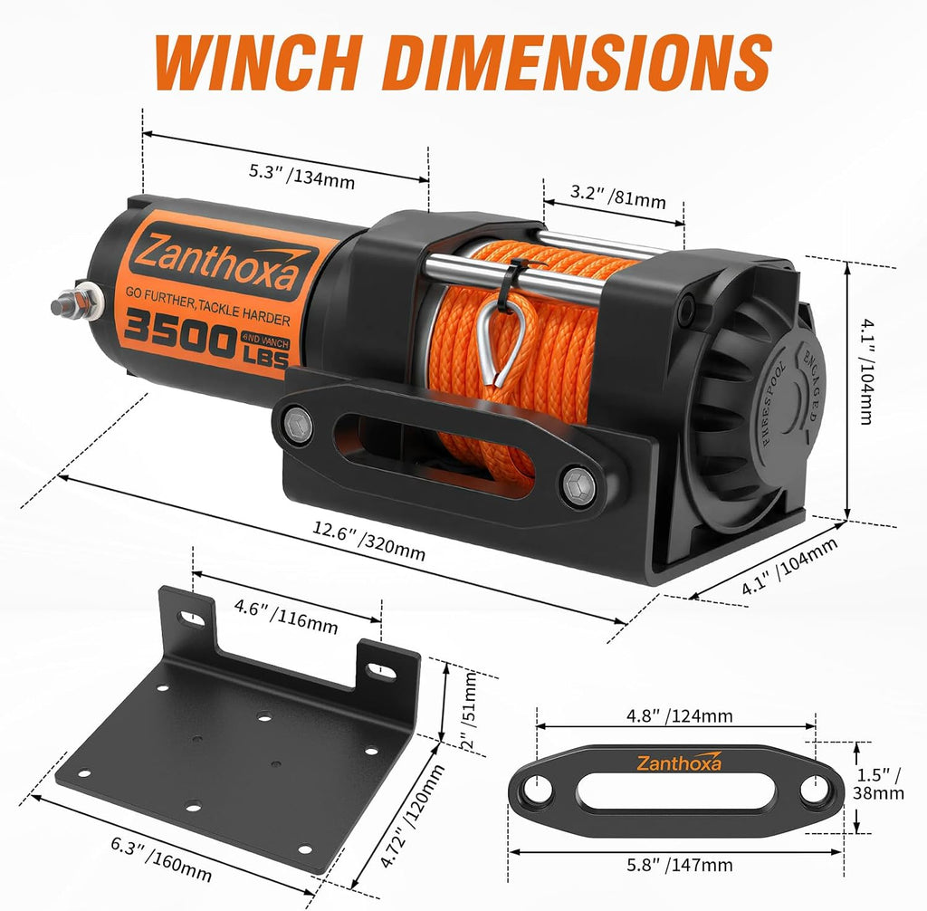 Upgrade 3500 lbs ATV Winch with Remote Control and Synthetic Rope | 12V UTV Winch With Mounting Plate, Portable