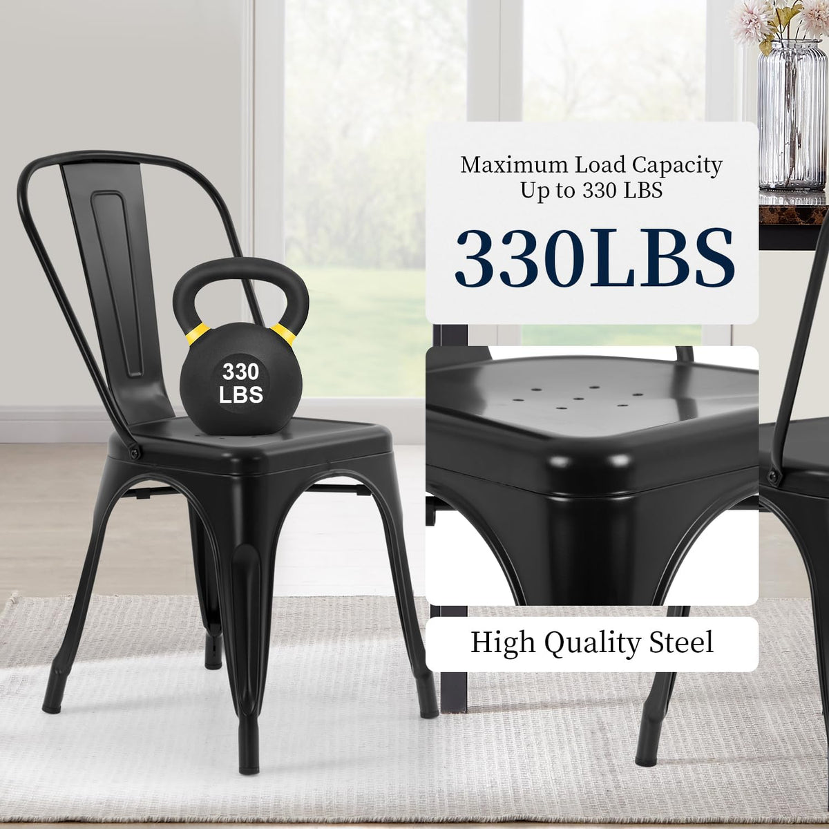 Metal Dining Chairs | Set of 4, Black | 330lbs Load