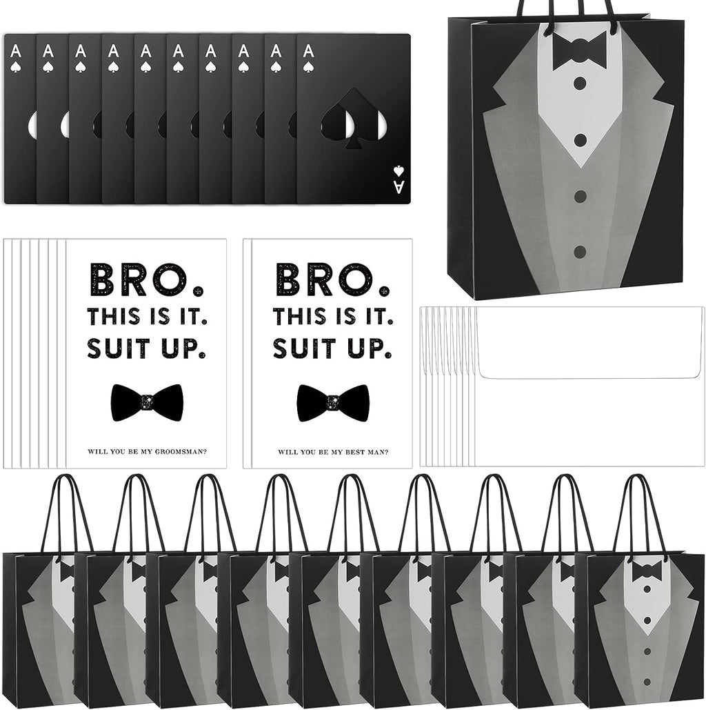 40 Pcs Groomsmen Gift Set, 10 Groomsmen Gift Bags with Tuxedo Design, 10 Stainless Steel Poker Bottle Opener, 10