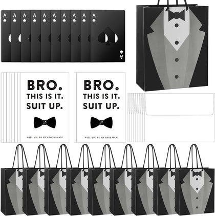 40 Pcs Groomsmen Gift Set, 10 Groomsmen Gift Bags with Tuxedo Design, 10 Stainless Steel Poker Bottle Opener, 10
