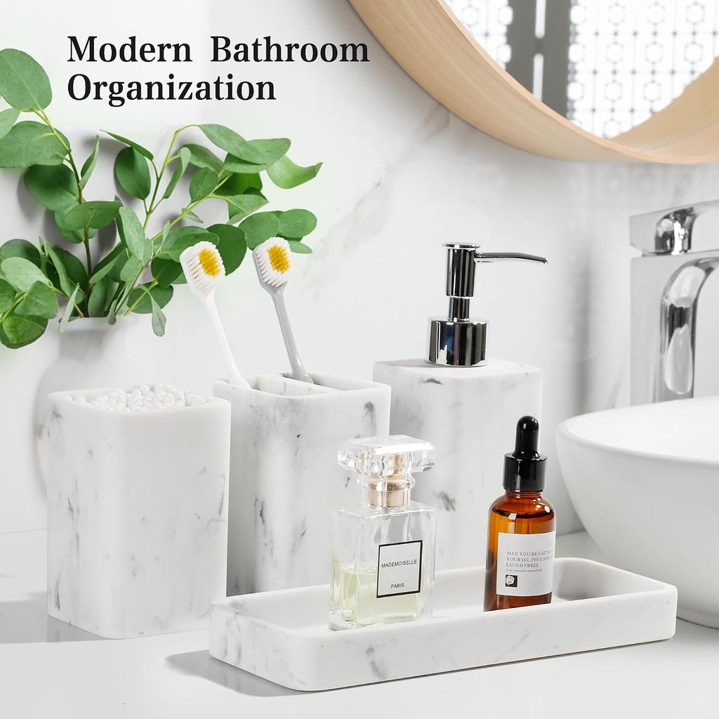 Bathroom Accessories Set, 4 Piece Toothbrush Holder Set Marble White | Bathroom Accessory Set with Soap Dispenser