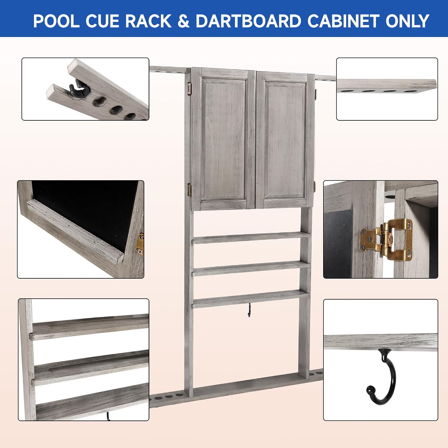 GSE Wall Mounted Billiard Pool Cue Rack & Dart Board Cabinet Only | Dart Scoreboard Included, 100% Solid Wood, Hold