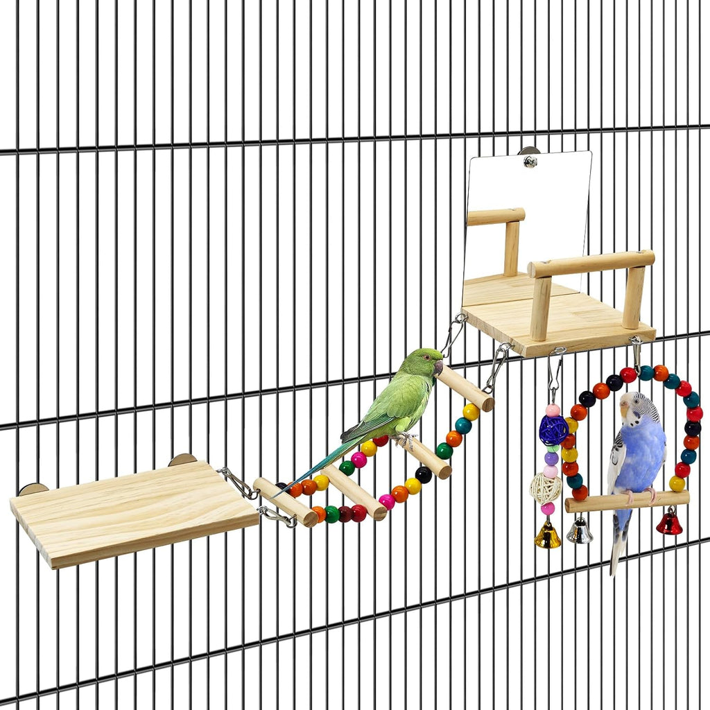 Bird Perch Platform with Mirror, Wooden Climbing Ladder for Parakeet, Small Bird Swing Toys with Hanging Chewing