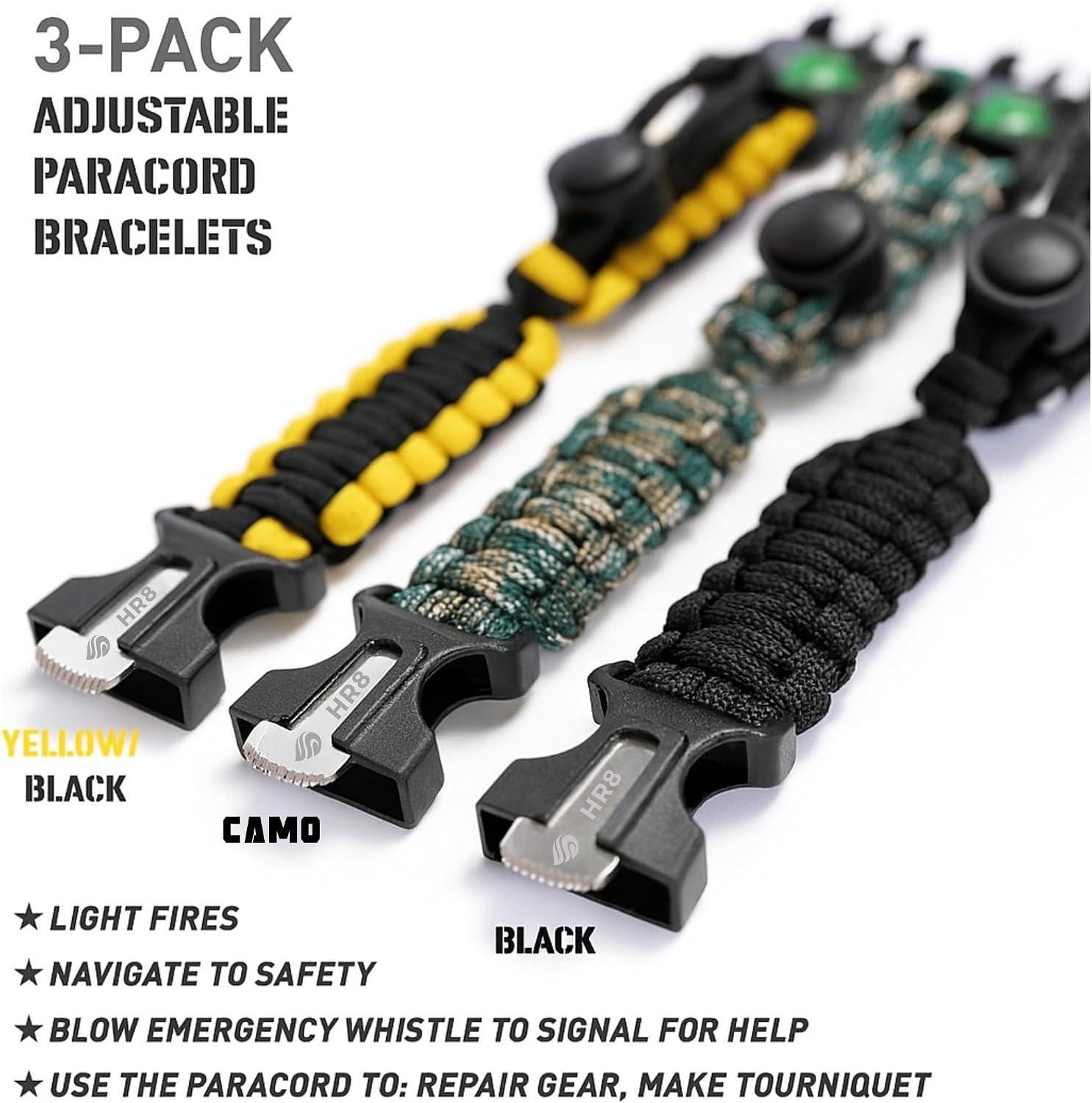 Paracord Survival Bracelet (3 Pack) – Adjustable Paracord Bracelets, Hunting Gear with Fire Starter, Compass, Whistle