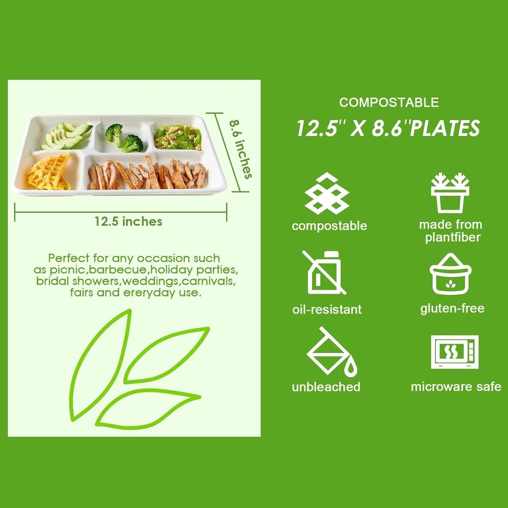 Compostable 5 Compartment Paper Plates, 100 Pack, 12.5 x 8.6 inch