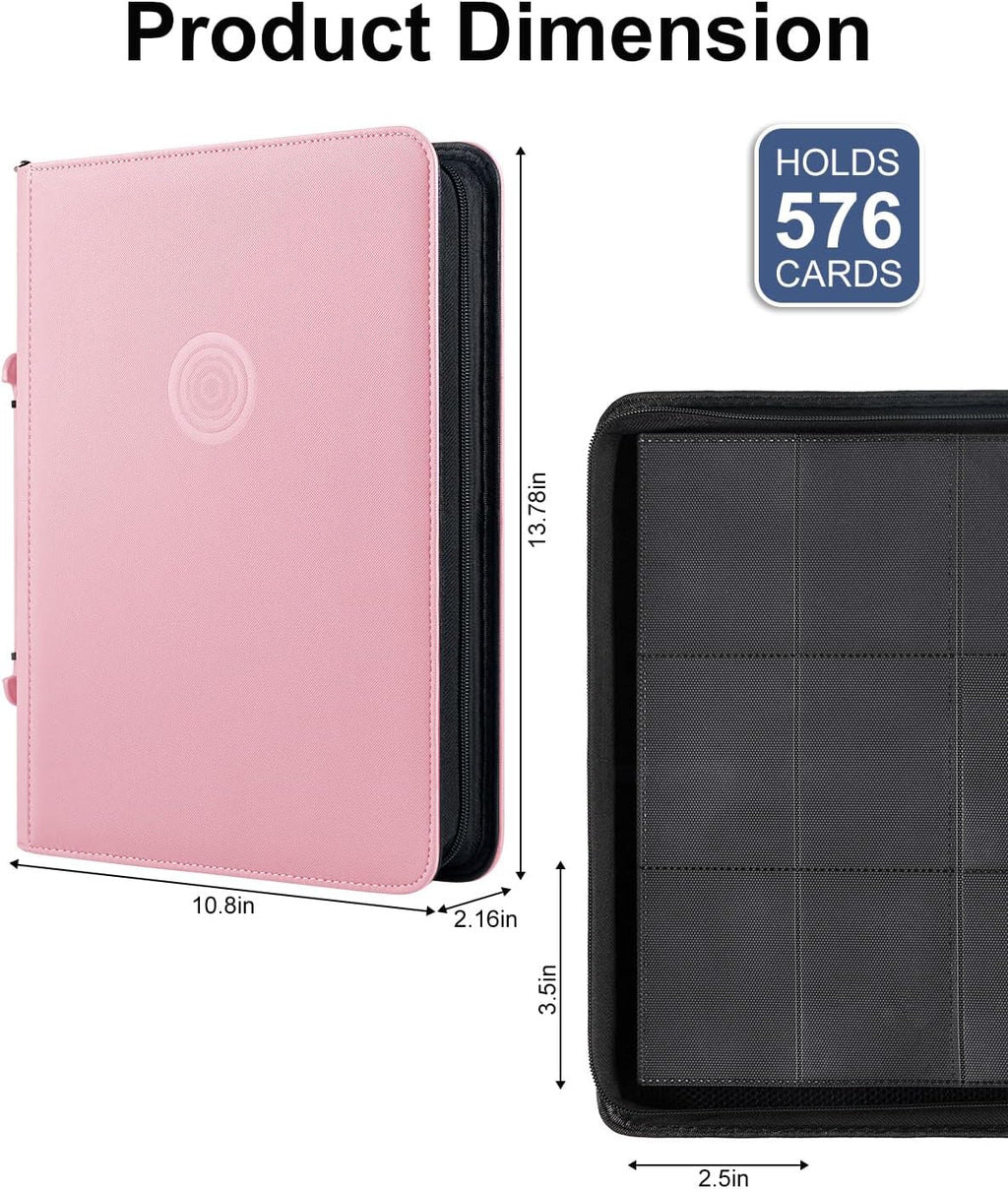9 Pocket Trading Card Binder, Holds 576 Cards, Premium PU Zip Card Binder with Handle, Side-Loading Pockets, Fits