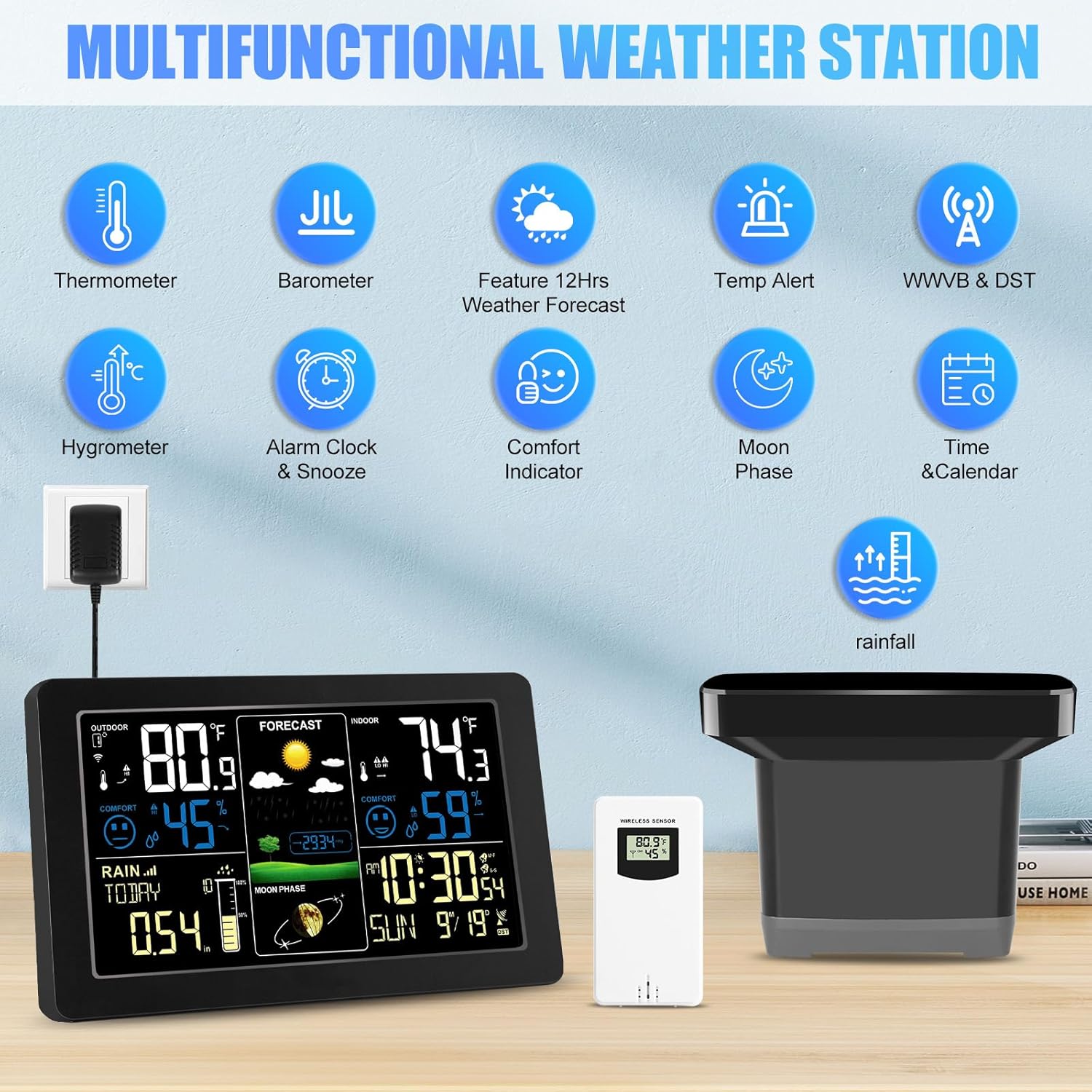 Digital Rain Gauge and Weather Station, Wireless Rain Gauge Outdoor, Home Weather Stations Wireless Indoor Outdoor