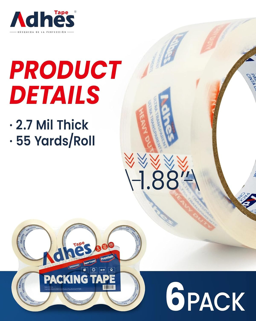 ADHES Super Clear Packing Tape, 6 Rolls x 1.88 Inch x 55 Yards