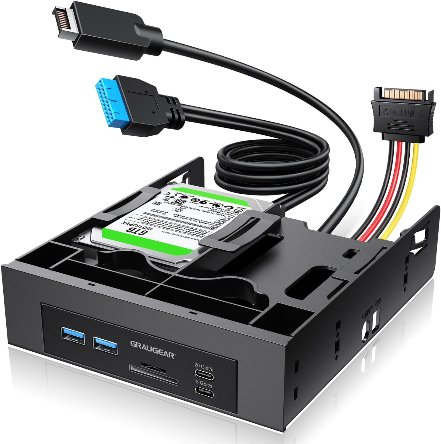 5.25” Front Panel USB Hub, Internal SD/microSD Card Reader for Desktop PC, Gen2x2 20Gbps USB-C Port, Dual 2.5"