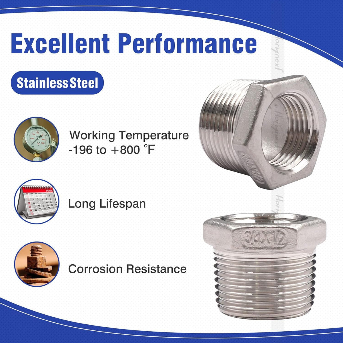 3/4 NPT Male x 1/2 NPT Female Stainless Steel Hex Bushing, 2 Pack