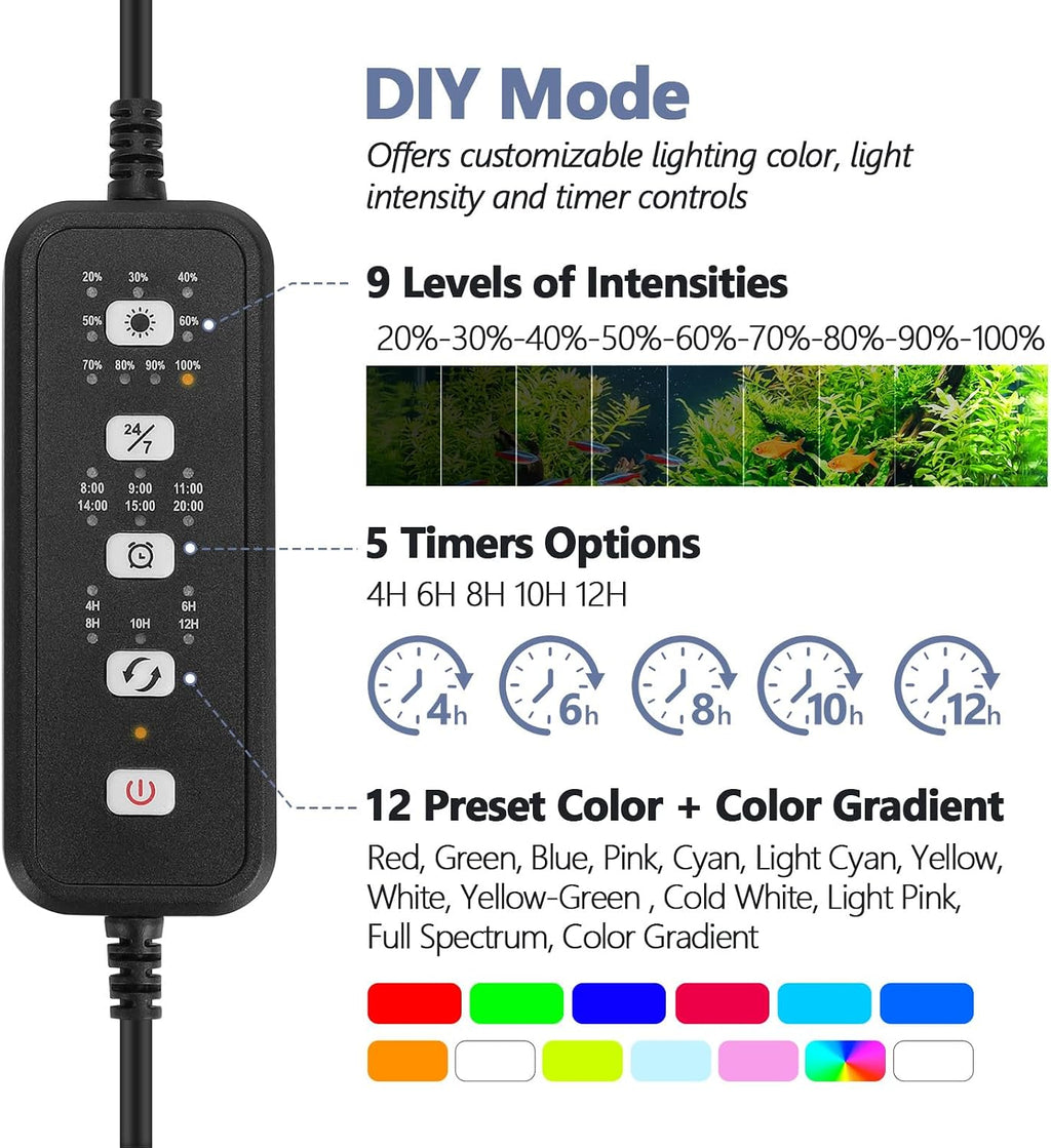 IP68 Waterproof LED Aquarium Light 24/7 Cycle Full Spectrum Fish Tank Light with Timer Adjustable Brightness 12