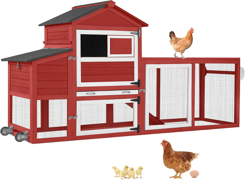 Mobile Chicken Coop with Wheels for 4-6 Chickens, Backyard Expandable Chicken House Duck Cage with Run, 2 Nesting