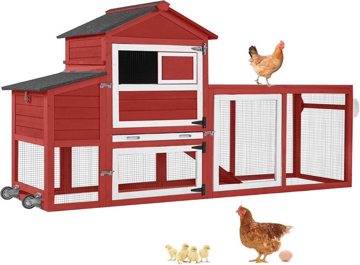 Mobile Chicken Coop with Wheels for 4-6 Chickens, Backyard Expandable Chicken House Duck Cage with Run, 2 Nesting