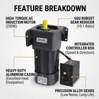250W 110V AC Gear Motor Set with Adjustable Speed Controller + Bracket