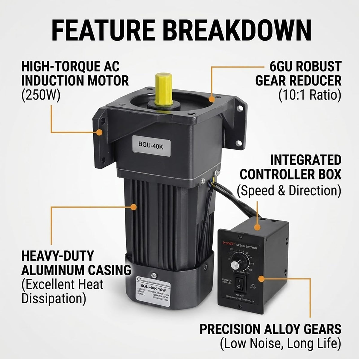 250W 110V AC Gear Motor Set with Adjustable Speed Controller + Bracket