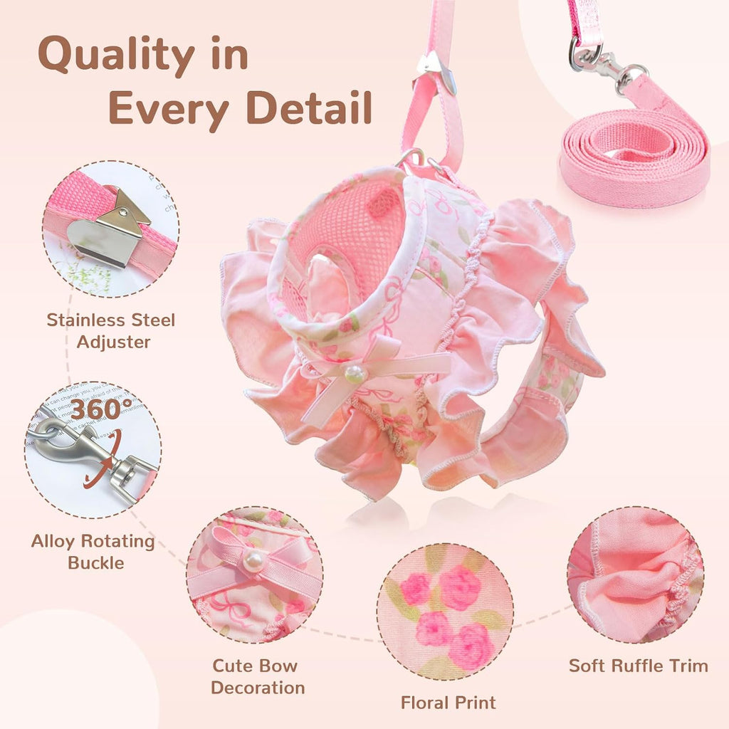 Small Dog Harness and Leash Set Soft Breathable Mesh No Pull Puppy Harness with Bowknot Adjustable Cute Pink Dog Vest
